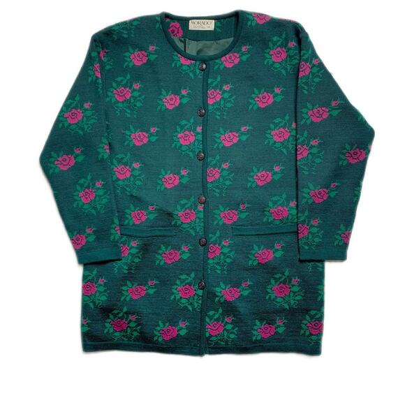 90s Pink Rose Floral Green Button Down Wool Cottage Core Whimsical Sweater - Picture 1 of 7